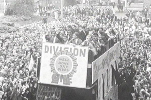 Black and white image of Coventry Football Club parade.