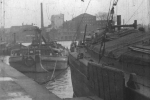 A black and white still image of Brayford Pool at Lincoln in the late 1930s.